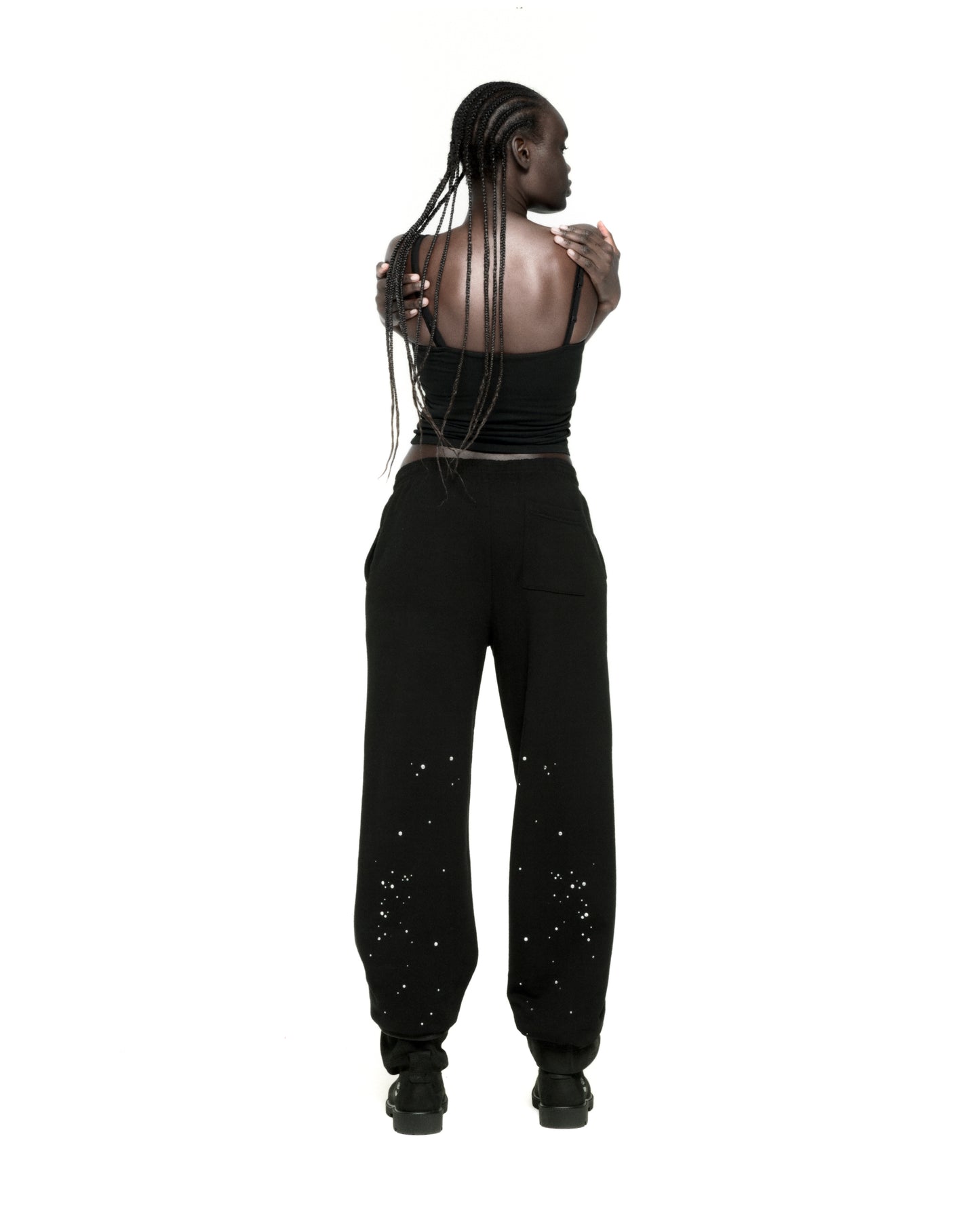 BLACK RHINESTONE SILK SWEATPANT ON MODEL