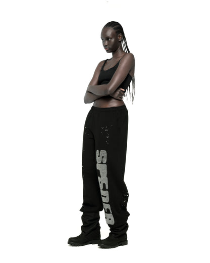 BLACK RHINESTONE SILK SWEATPANT ON MODEL