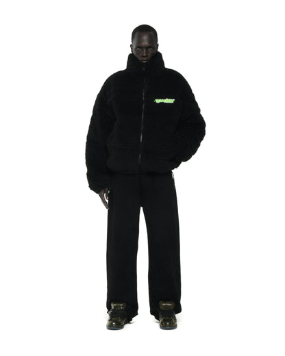 BLACK SHERPA PUFFER JACKET ON MODEL