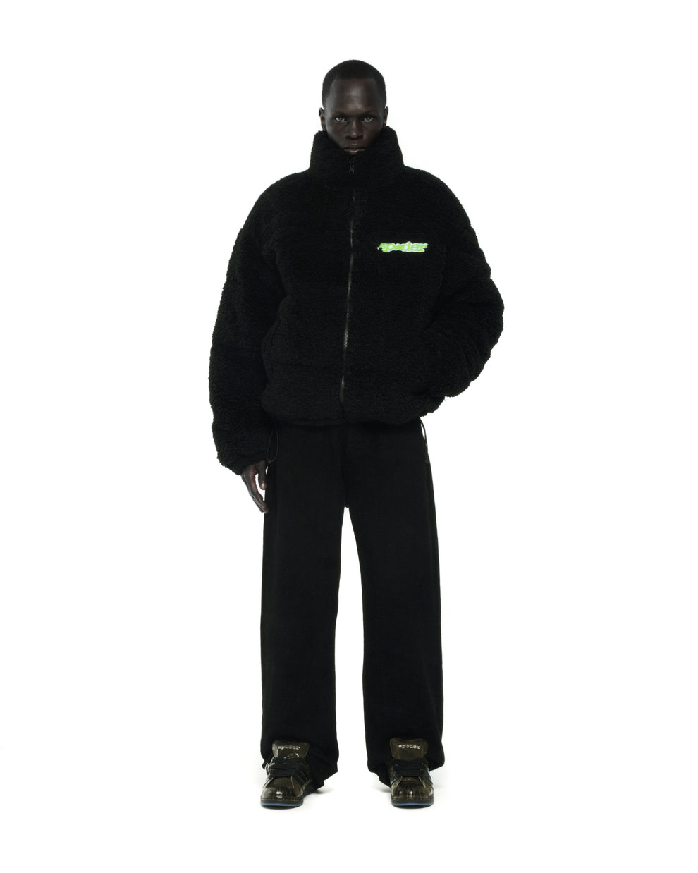 BLACK SHERPA PUFFER JACKET ON MODEL