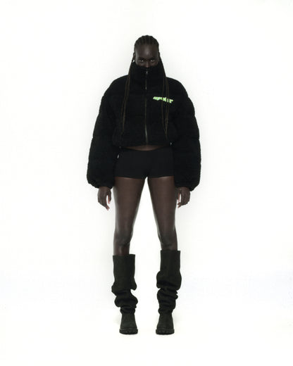 BLACK SHERPA PUFFER JACKET ON MODEL