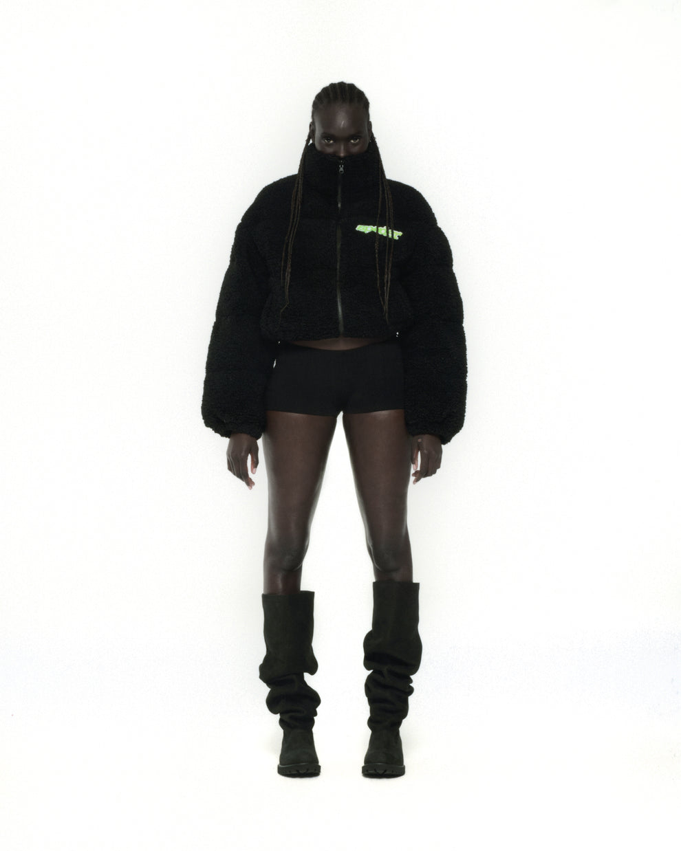 BLACK SHERPA PUFFER JACKET ON MODEL