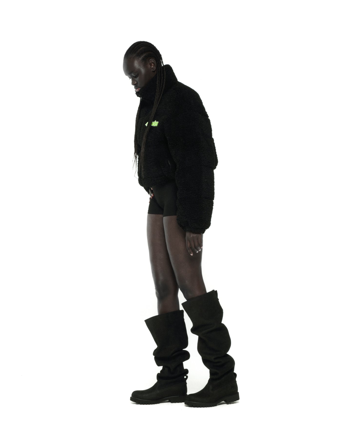 BLACK SHERPA PUFFER JACKET ON MODEL