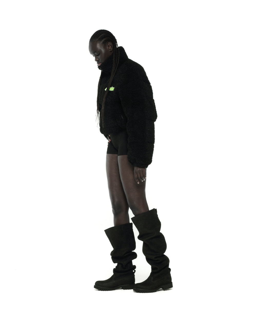 BLACK SHERPA PUFFER JACKET ON MODEL