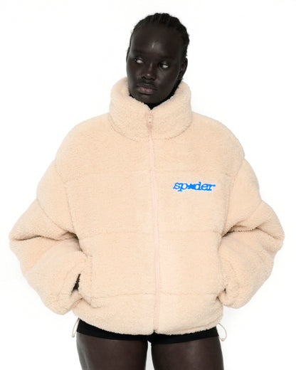 CREAM SHERPA PUFFER JACKET ON MODEL