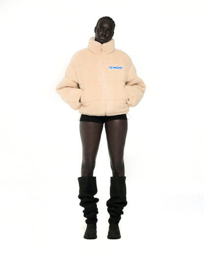 CREAM SHERPA PUFFER JACKET ON MODEL