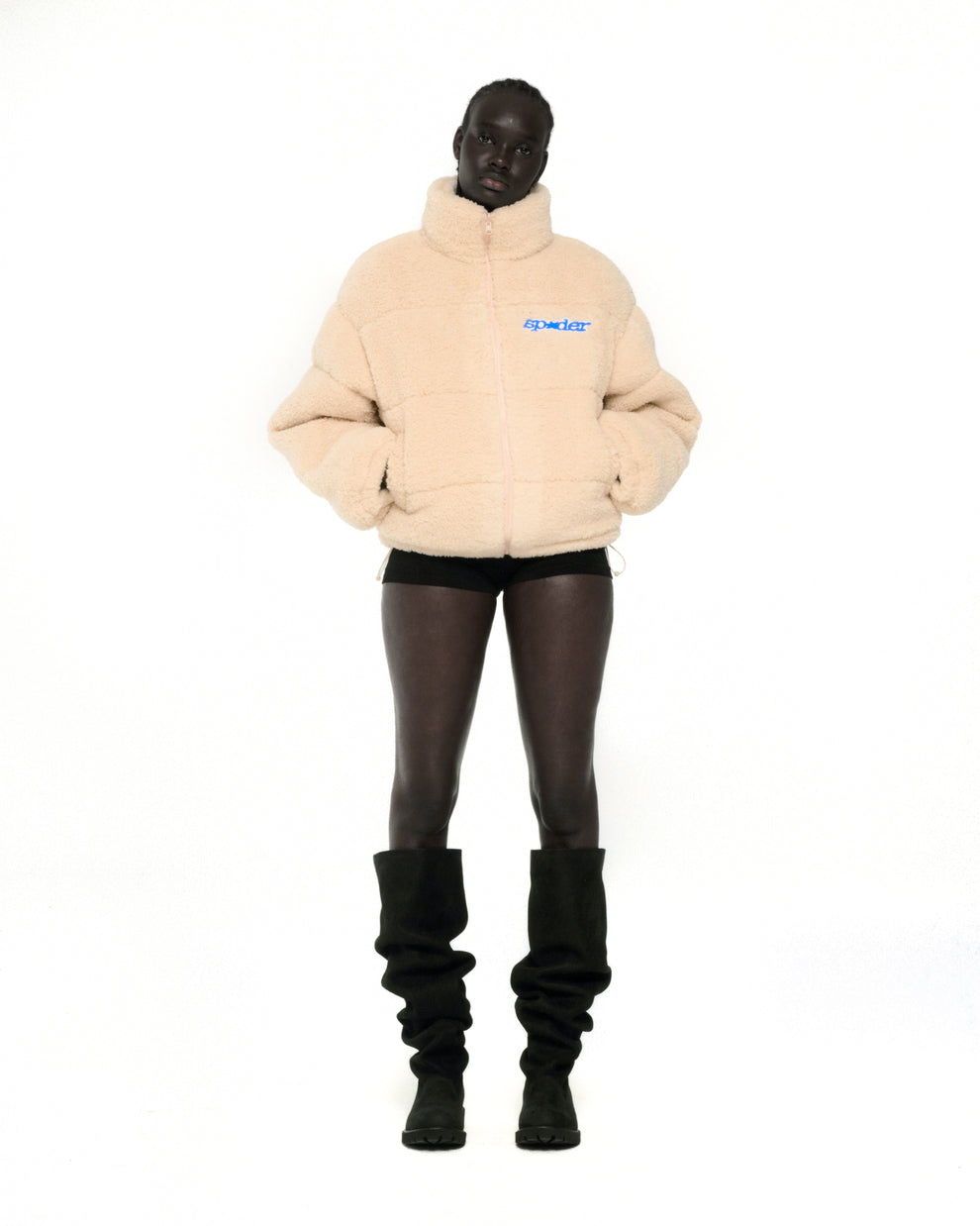 CREAM SHERPA PUFFER JACKET ON MODEL