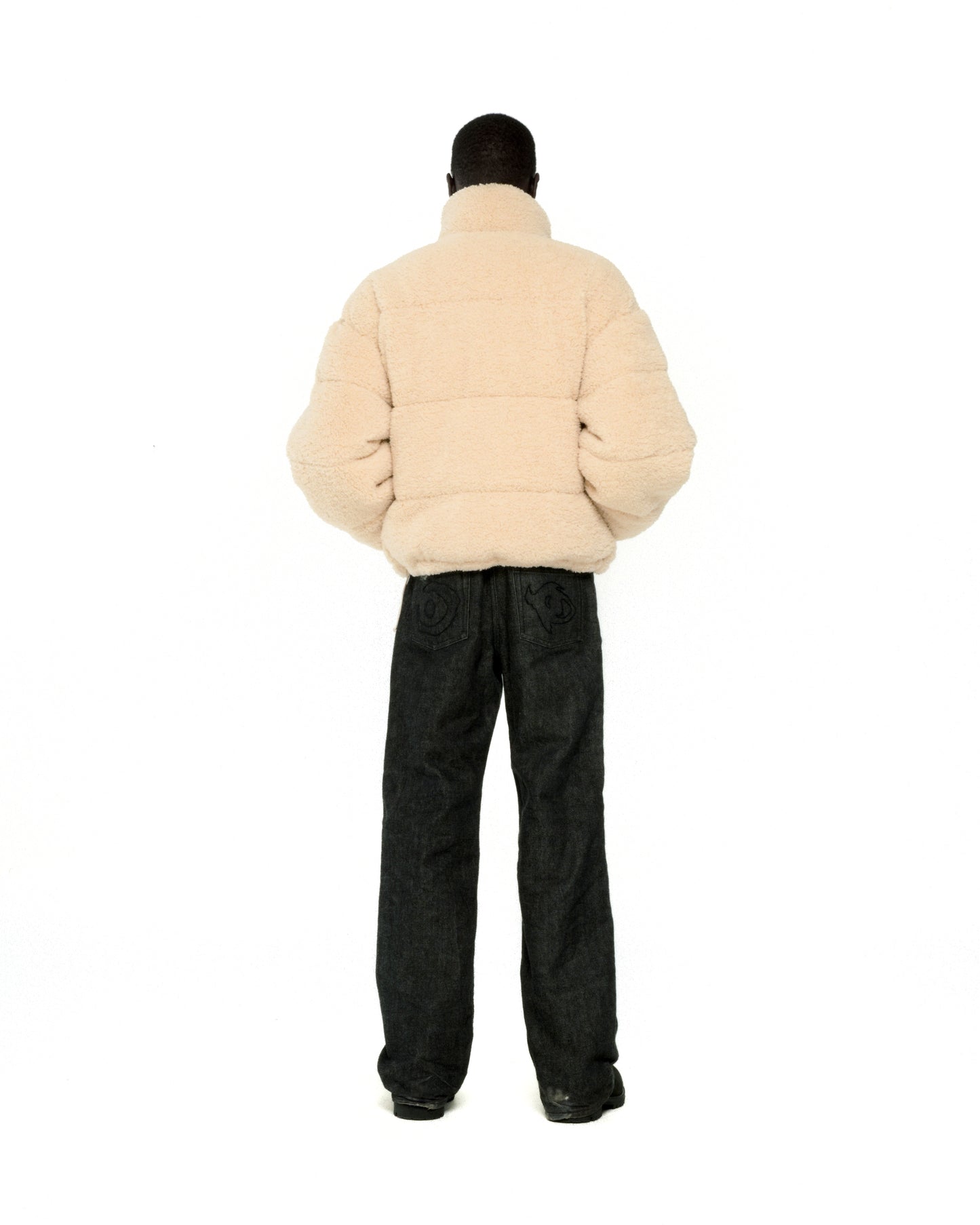 CREAM SHERPA PUFFER JACKET ON MODEL