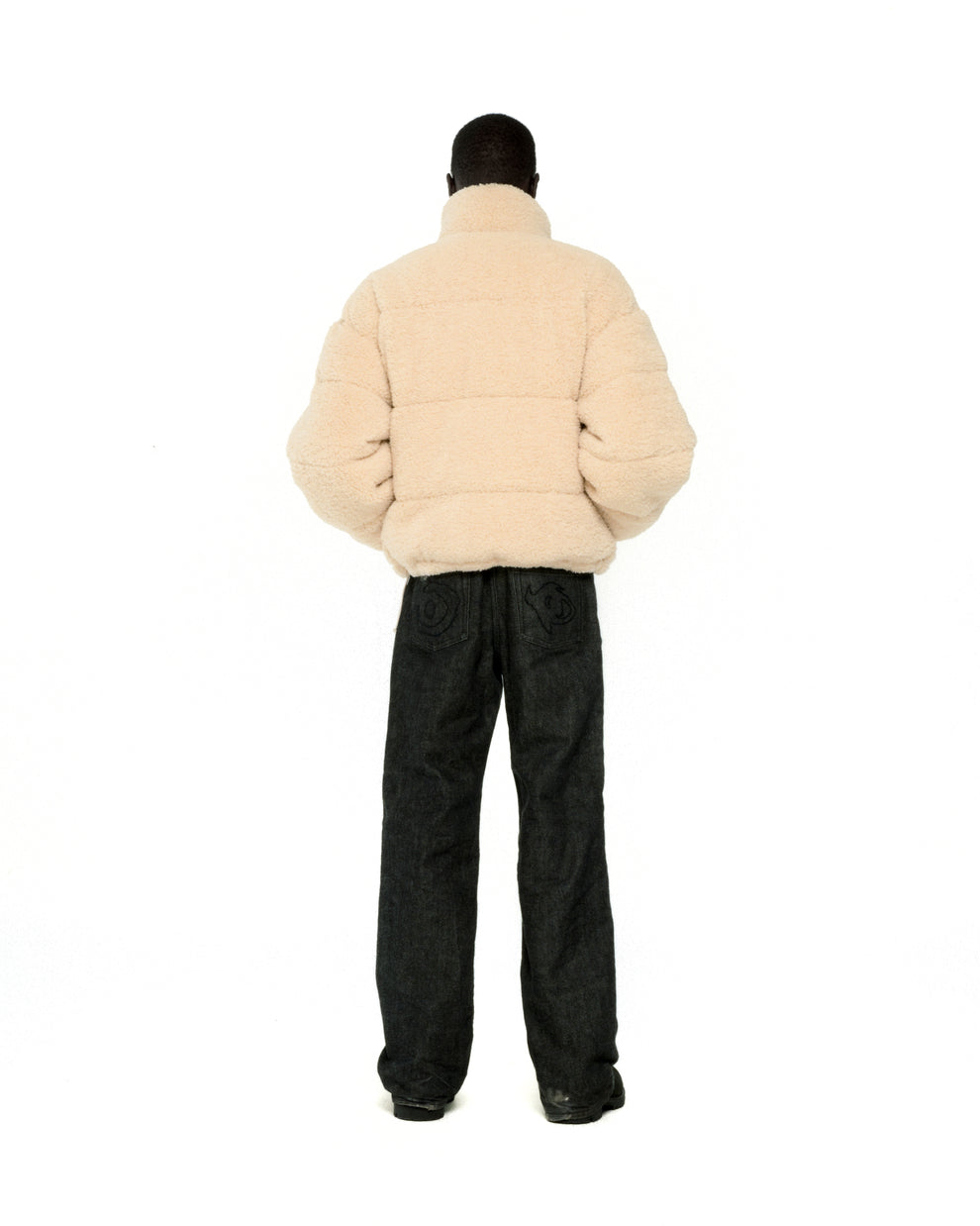 CREAM SHERPA PUFFER JACKET ON MODEL
