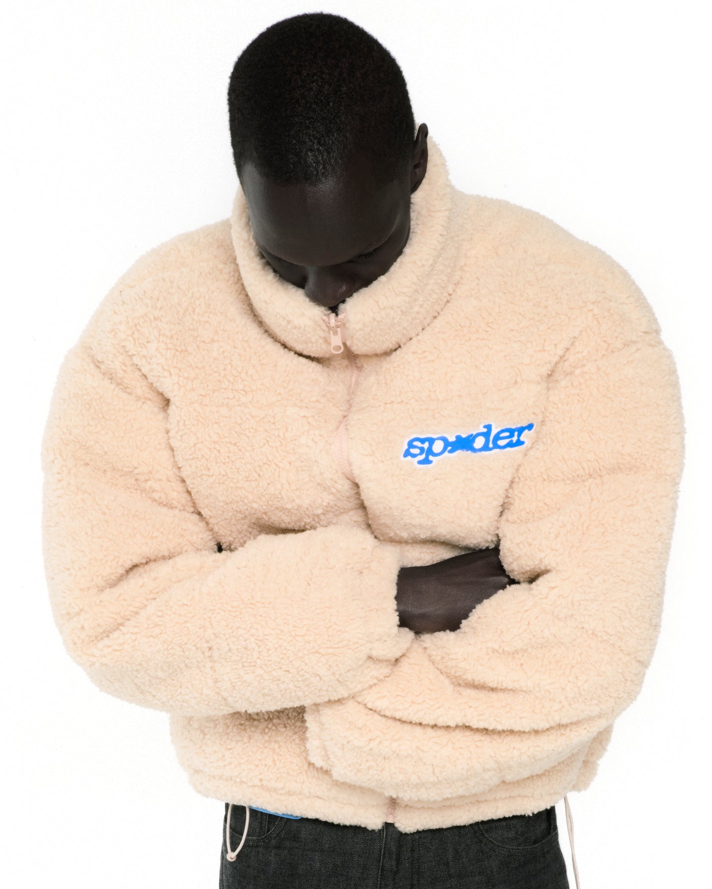 CREAM SHERPA PUFFER JACKET ON MODEL