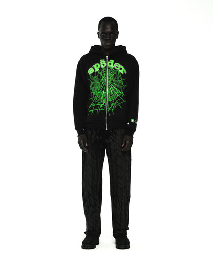 Black cotton fleece zip hoodie with green rhinestone phantom web and "Sp5der" logo.