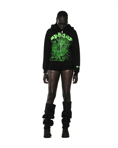 Black cotton fleece zip hoodie with green rhinestone phantom web and "sp5der" graphic.