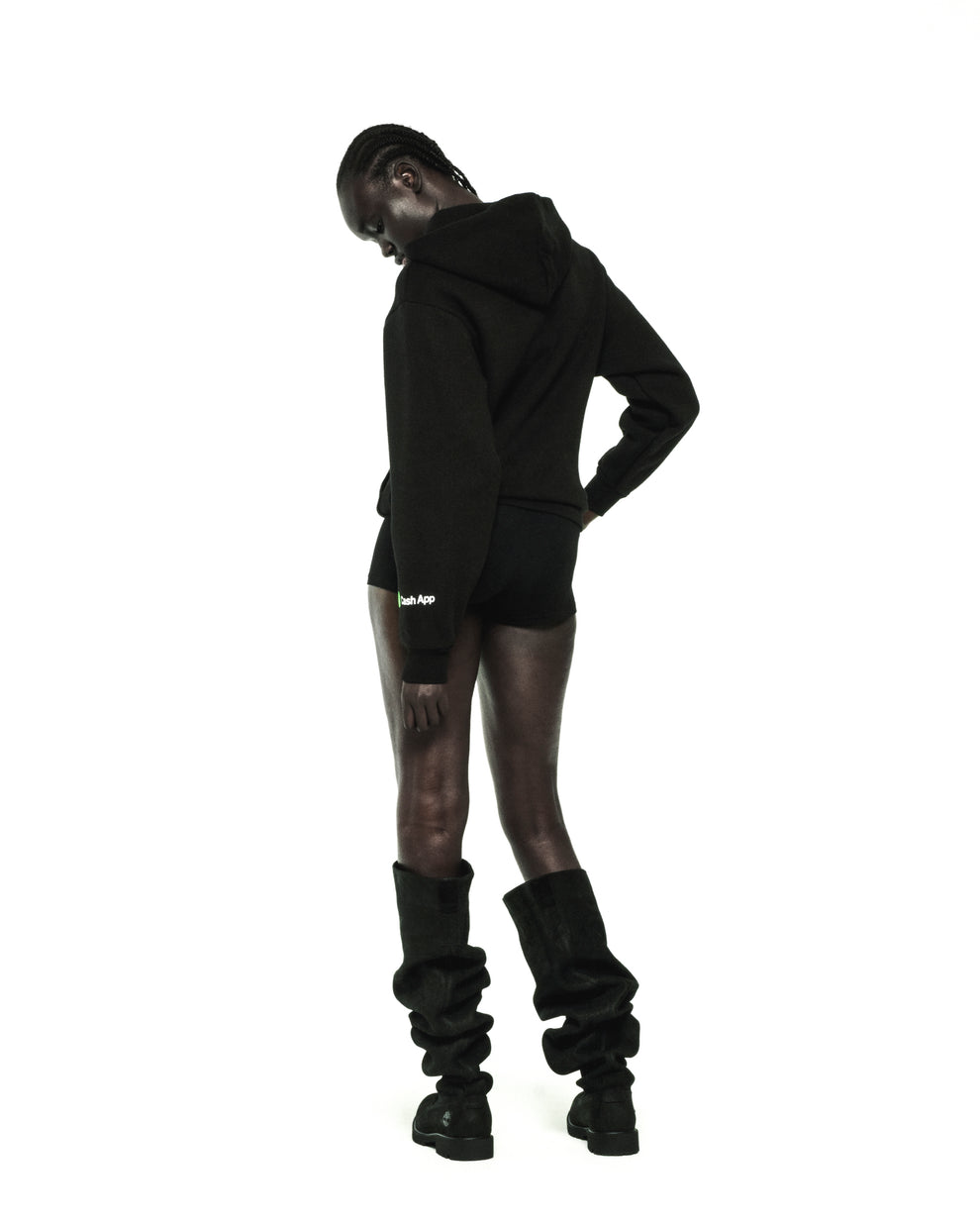 Black cotton fleece zip hoodie with green Cash App logo on wrist.