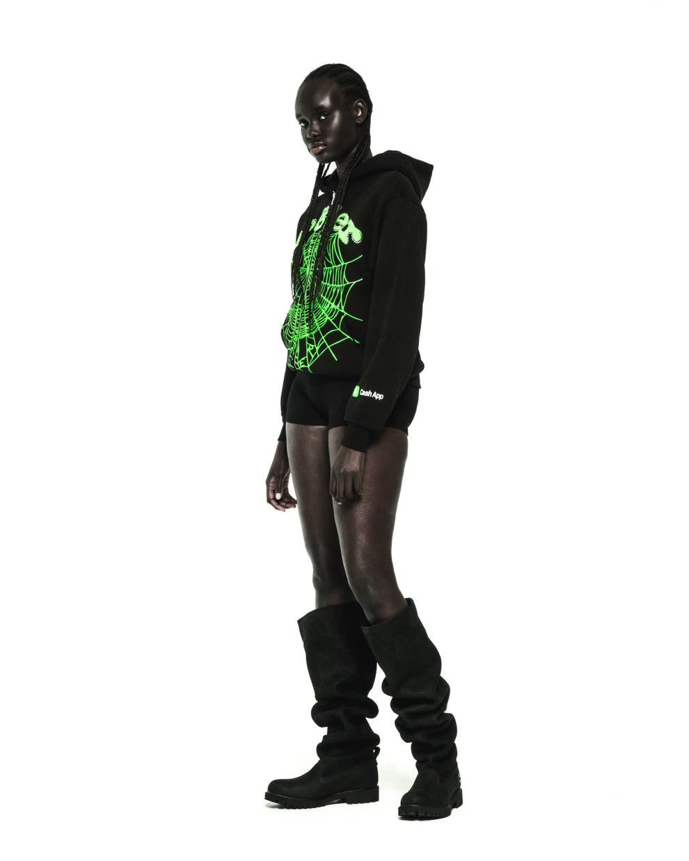 Black cotton fleece zip hoodie with neon green rhinestone web print and Cash App logo.