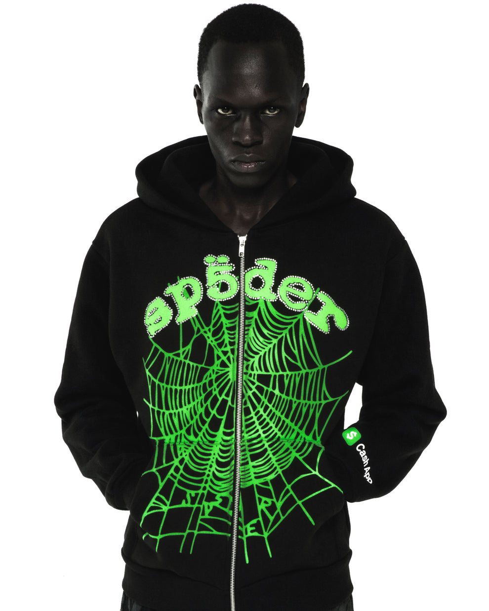 Black CA$H OG WEB V2 RHINESTONE ZIP HOODIE with green spider web and Cash App logo.
