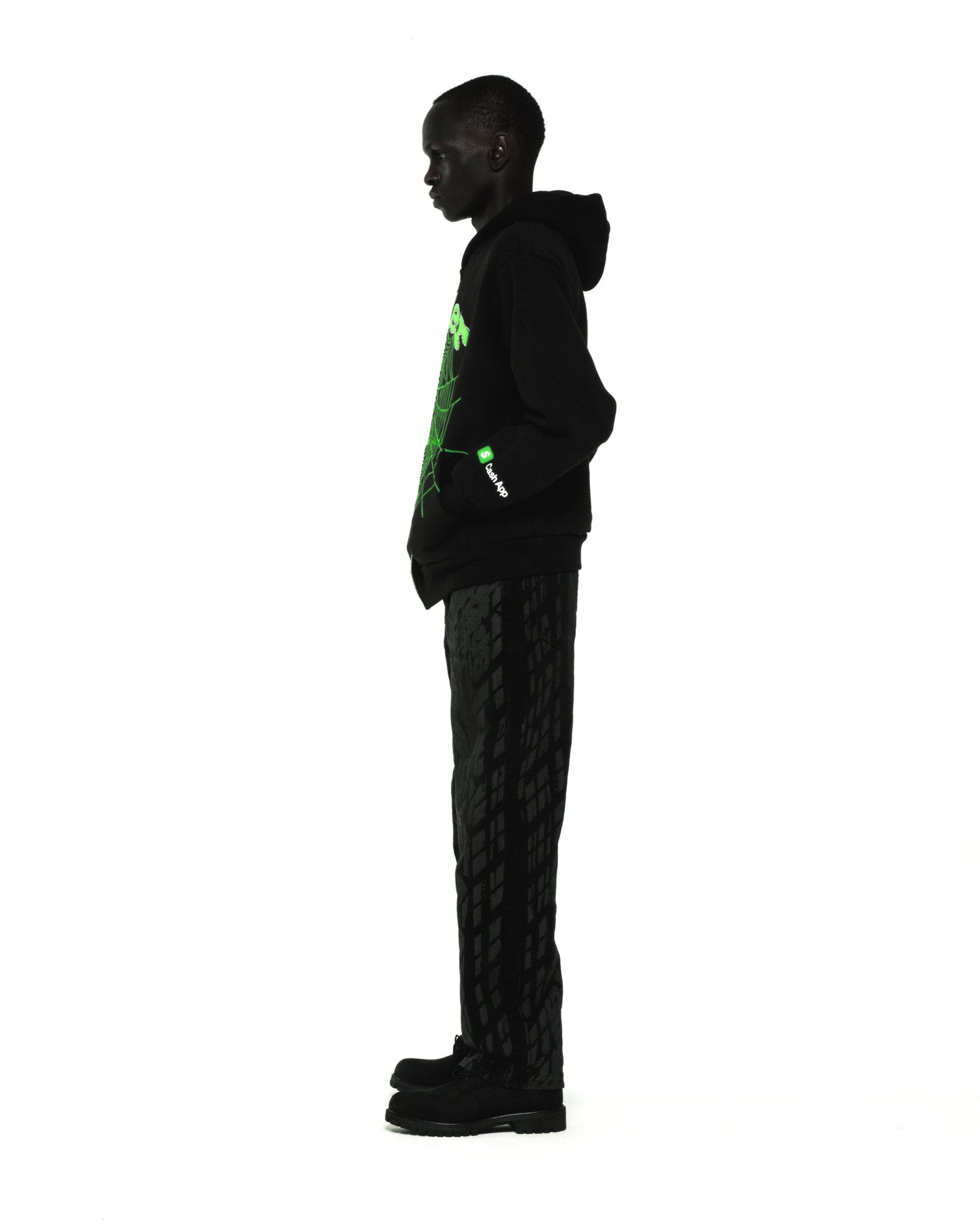 Black cotton fleece zip hoodie with green rhinestone web design and Cash App logo.