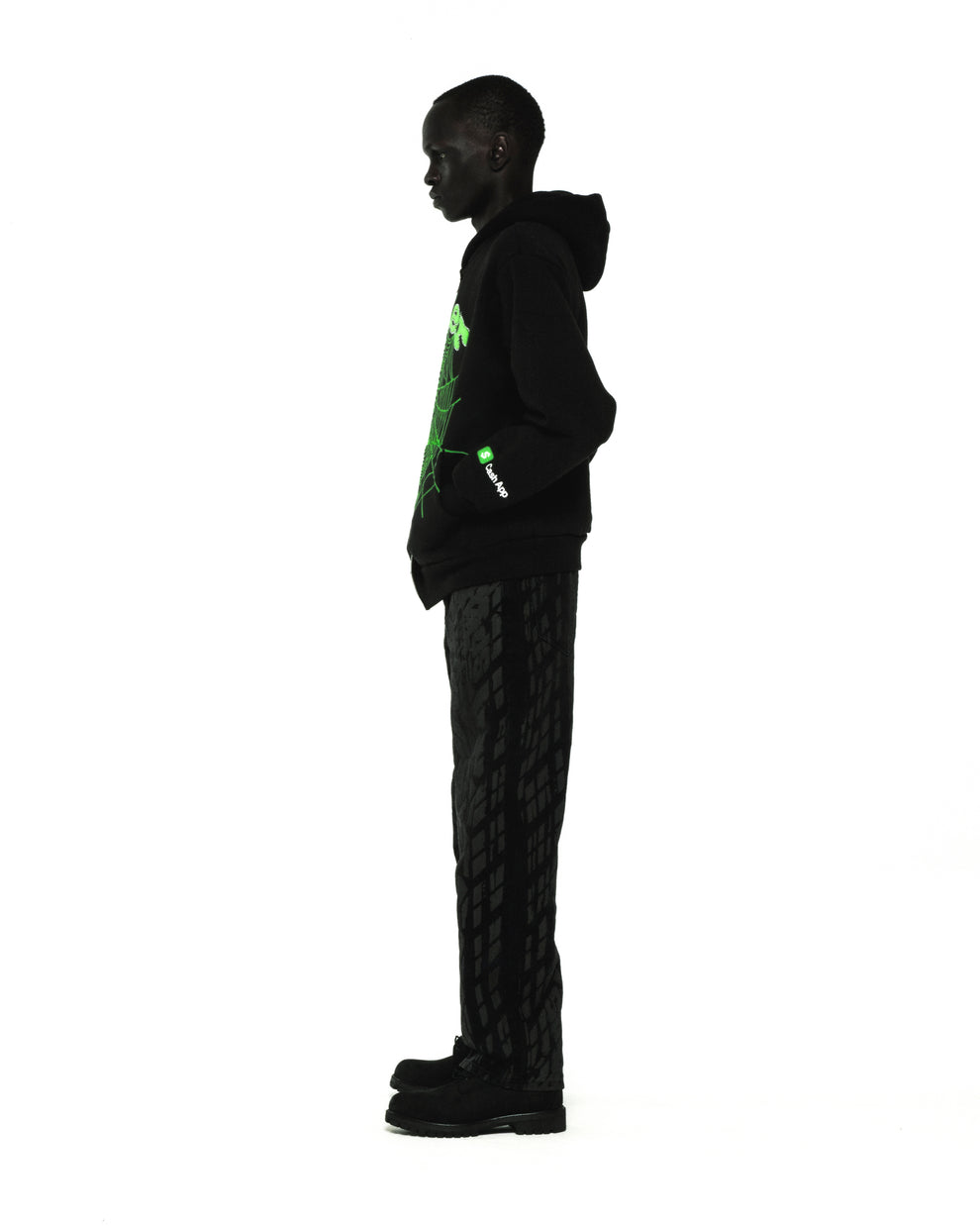 Black cotton fleece zip hoodie with green rhinestone web design and Cash App logo.