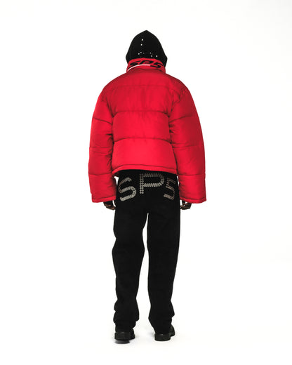 Red poly-fill TRACKHAWK puffer jacket with black hood and pants, viewed from the back.
