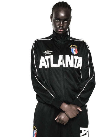 Black polyester ATLANTA TRACK JACKET with white lettering, SP5DER logos, and contrasting sleeve piping.
