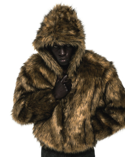 Brown faux fur hooded jacket with zip closure, worn by a person.