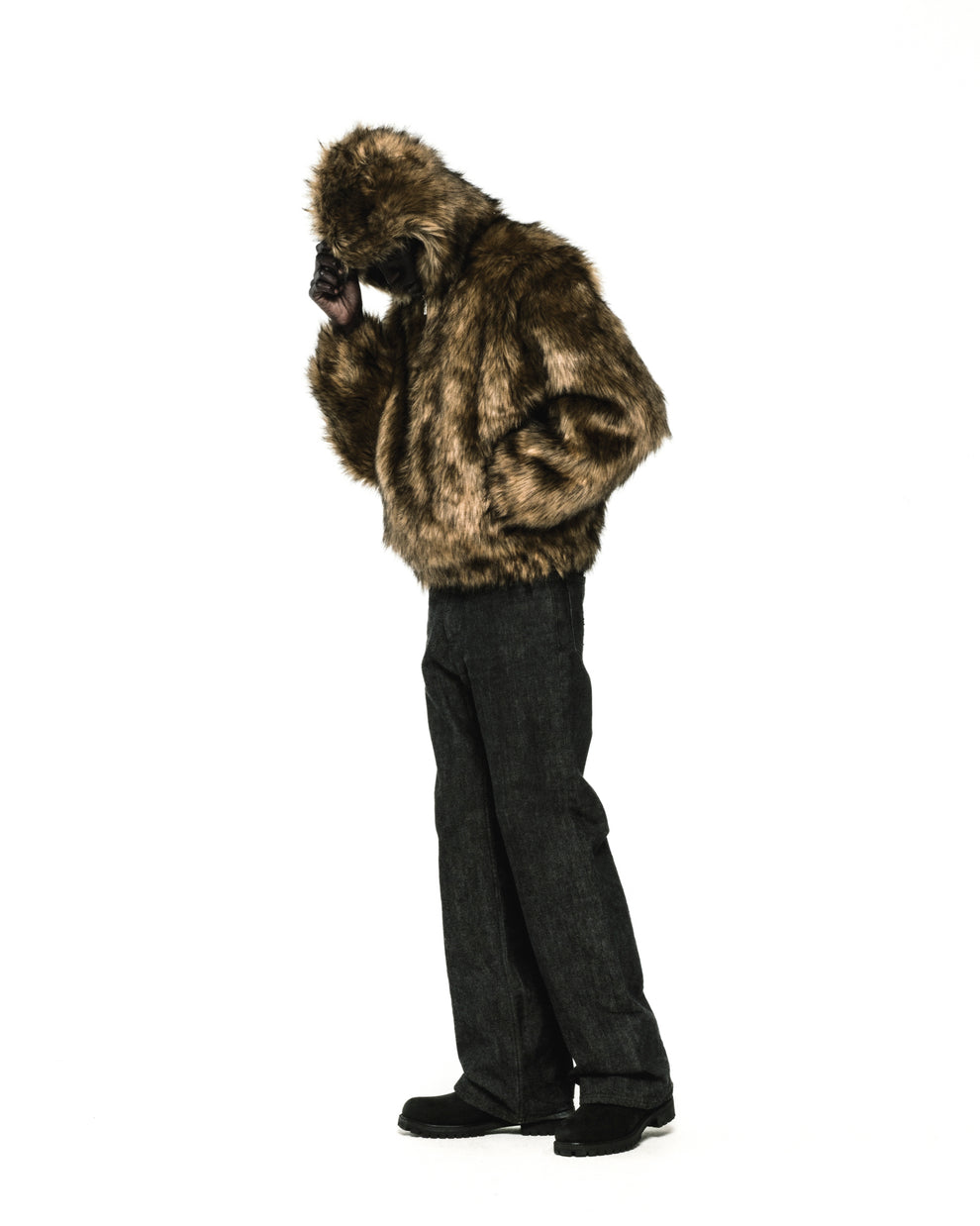 Brown faux fur hooded jacket with glossy patent leather design on back.