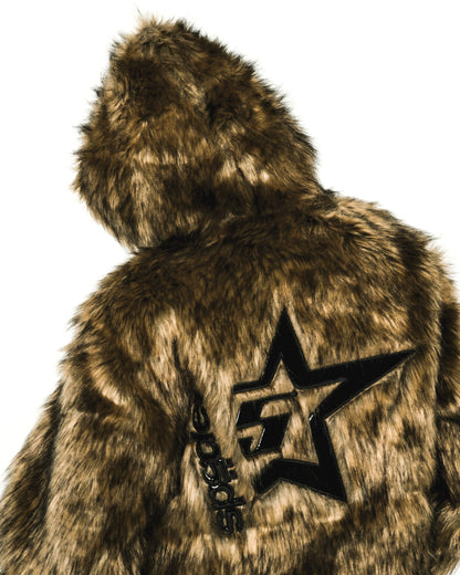 Brown faux fur hooded jacket with a glossy black patent leather star design on the back.