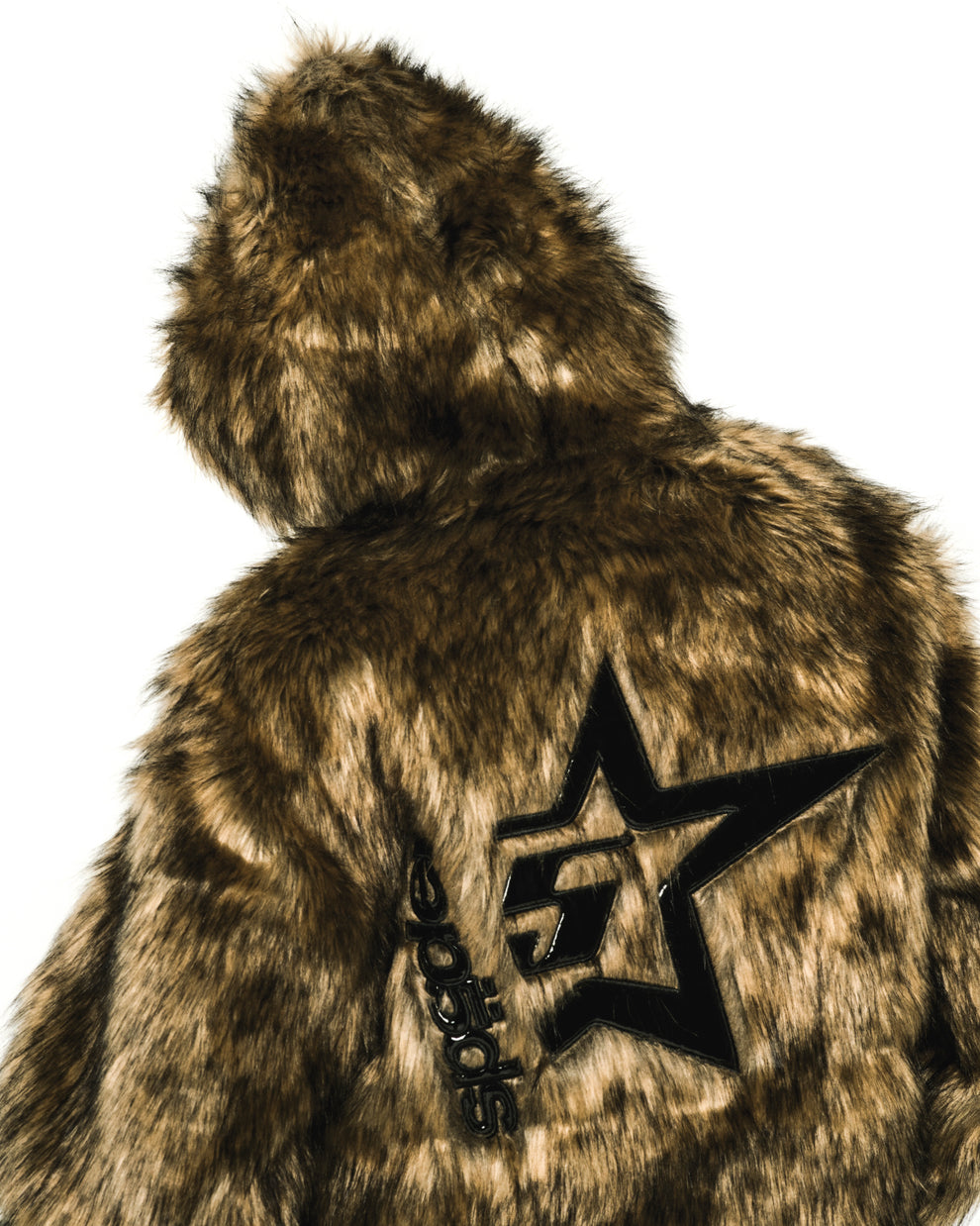 Brown faux fur hooded jacket with a glossy black patent leather star design on the back.