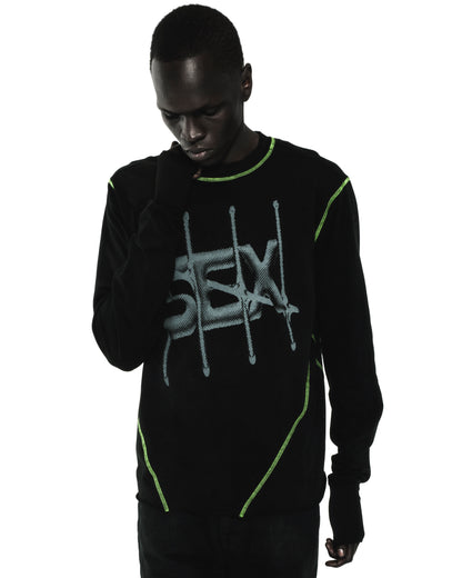 Black cotton SHADOWBANNED LONGSLEEVE with "SEX" graphic, bright green contrast stitching, ribbed collar/cuffs.