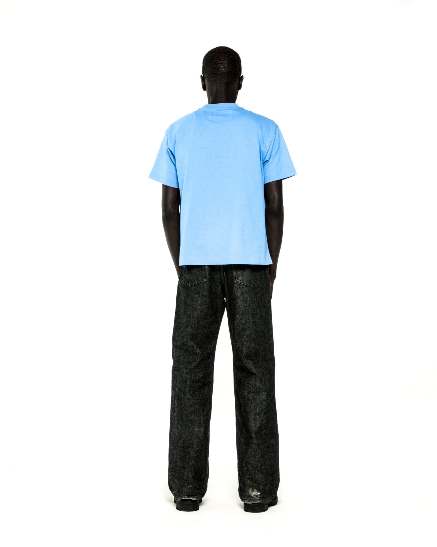 Man wearing a light blue 100% cotton standard fit COMMERCE TEE, viewed from the back.