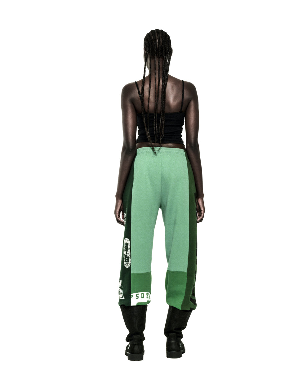 SUPERFIVE SWEATPANT: Green contrast panelled, wide-leg cotton fleece sweatpants with graphic print and raw hem.