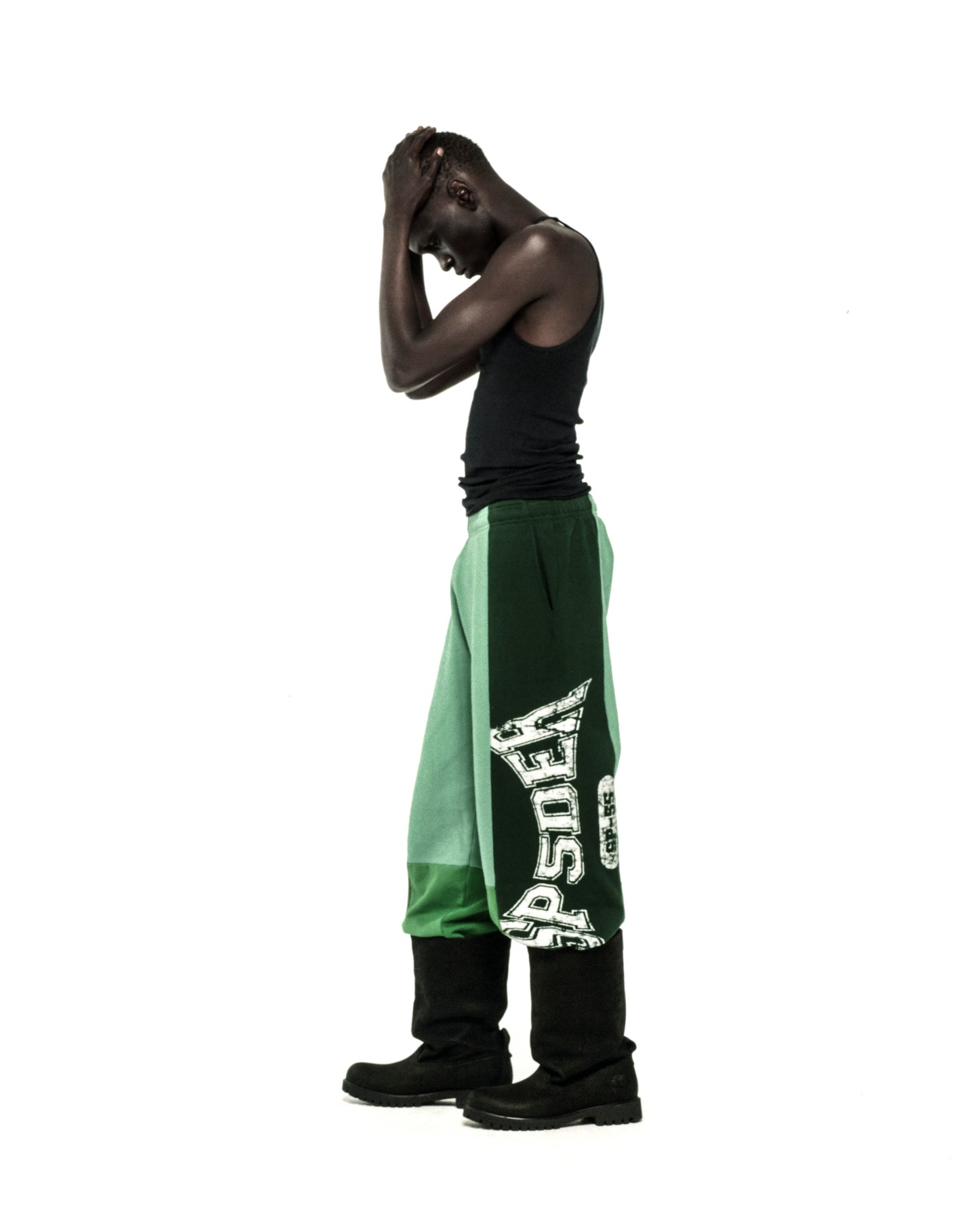 SUPERFIVE SWEATPANT: Dark green and mint contrast-paneled, wide-leg cotton fleece sweatpants with white graphic print.
