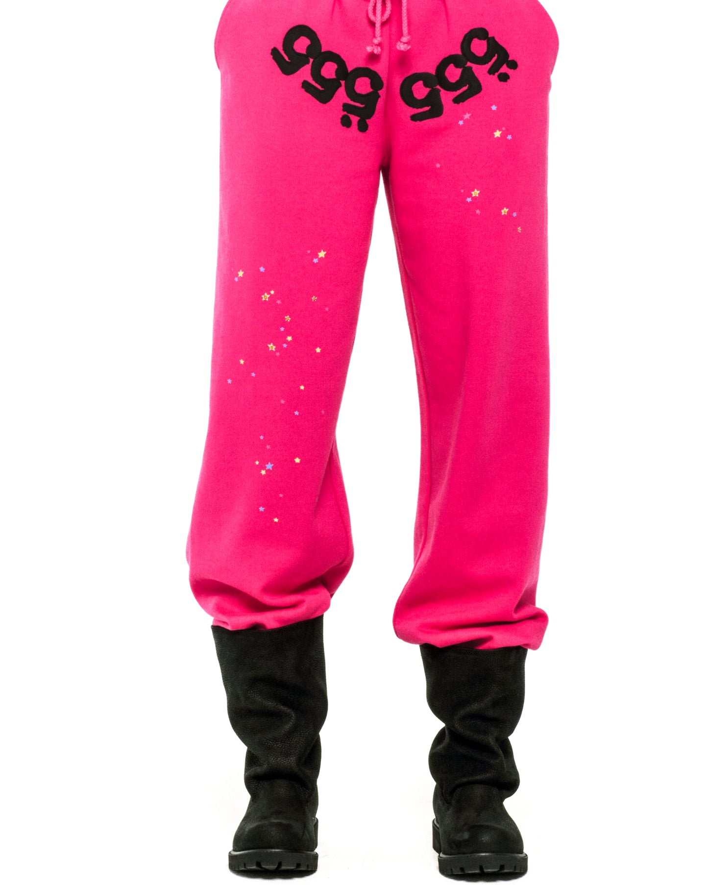 Pink fleece sweatpants with black '555' angel numbers on crotch & scattered stars.