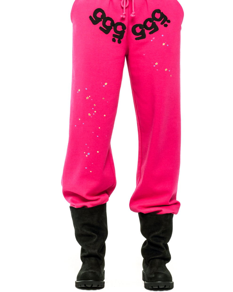 Pink fleece sweatpants with black '555' angel numbers on crotch & scattered stars.