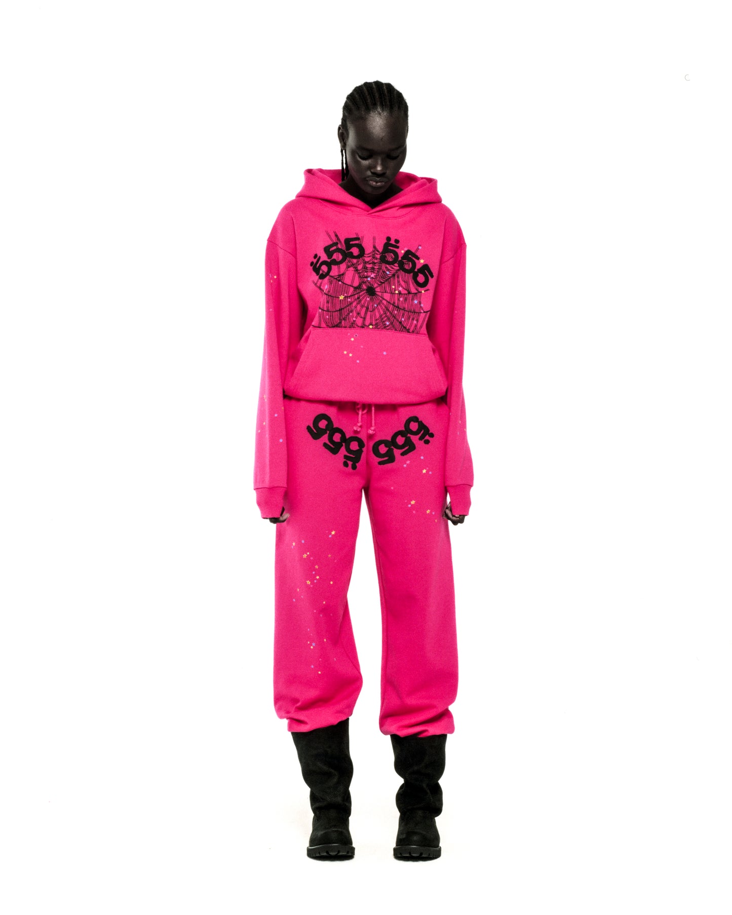 Pink ANGEL NUMBER HOODIE and sweatpants set with '555' web print, scattered stars, and SP5DER logo.