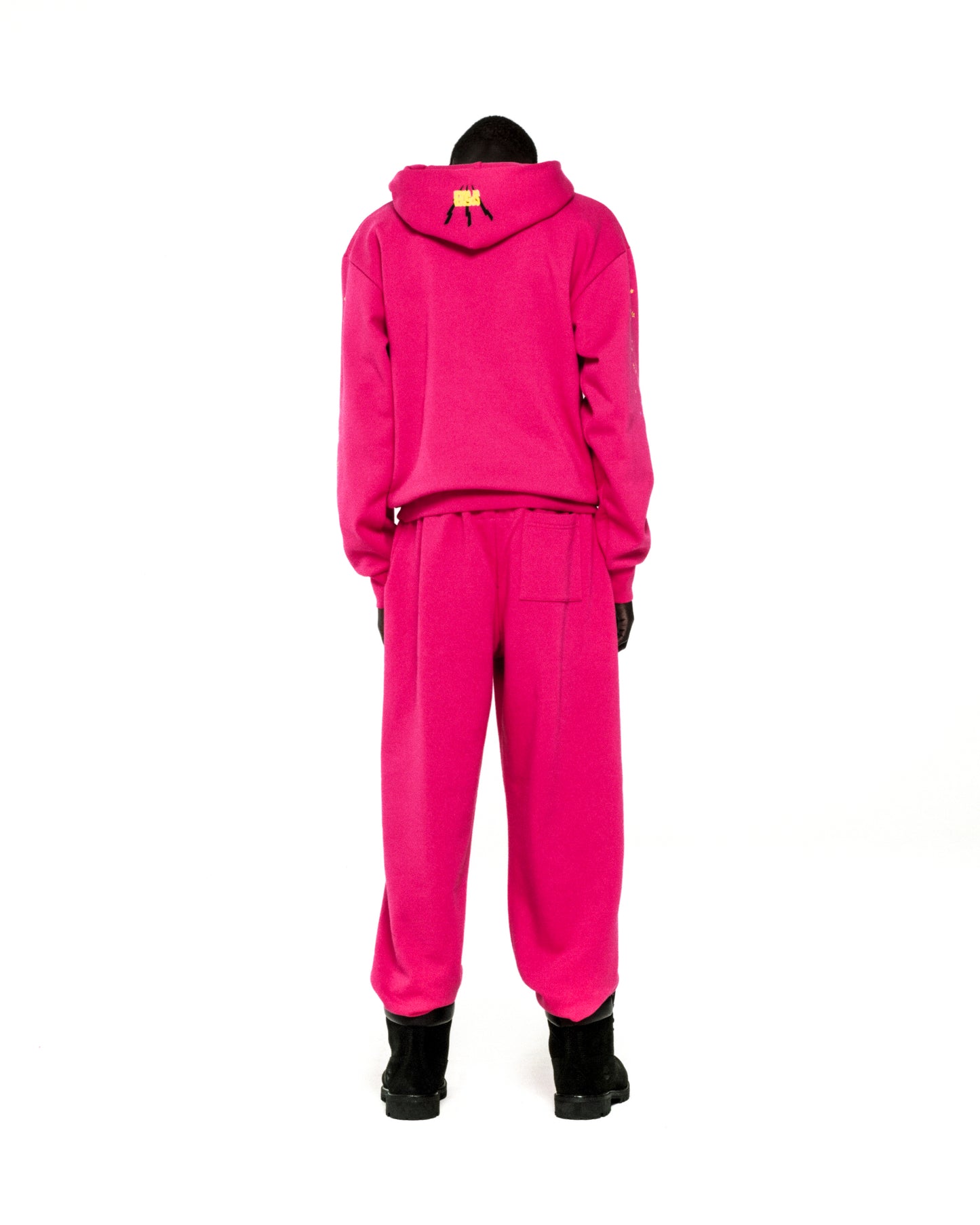 Pink 13oz cotton fleece hoodie and sweatpants with '555' angel numbers, web, and star prints.