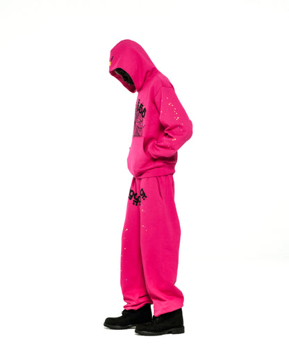 Pink ANGEL NUMBER HOODIE and sweatpants with '555' and web print, scattered stars, SP5DER logo.