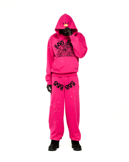 Pink ANGEL NUMBER HOODIE and sweatpants with '555' web print, scattered stars, and SP5DER logo.