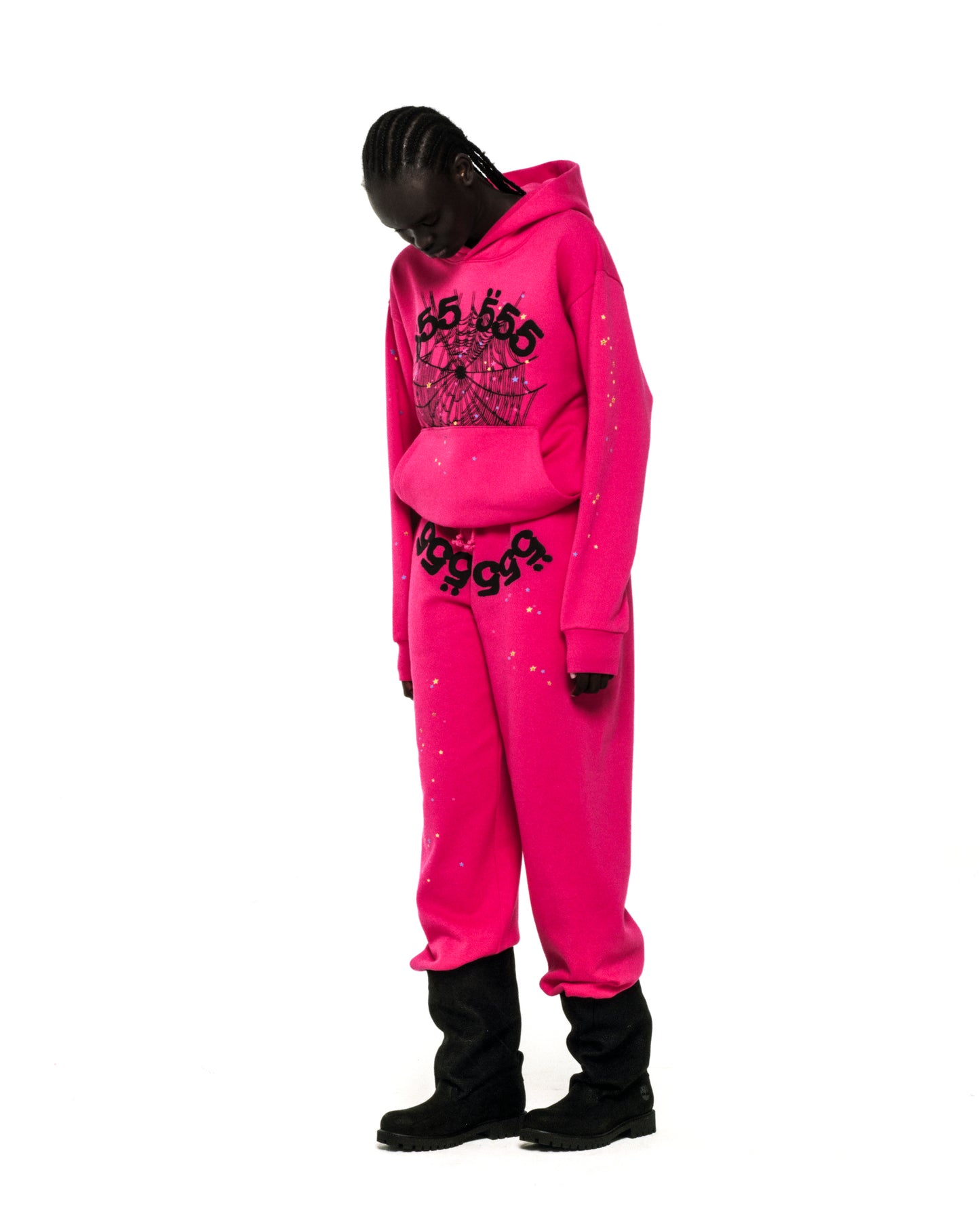 Pink 13oz cotton fleece hoodie and sweatpants with '555' angel numbers, web, and scattered star prints.