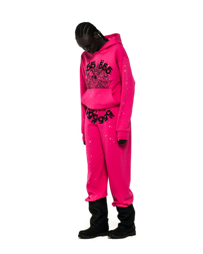 Pink 13oz cotton fleece hoodie and sweatpants with '555' angel numbers, web, and scattered star prints.