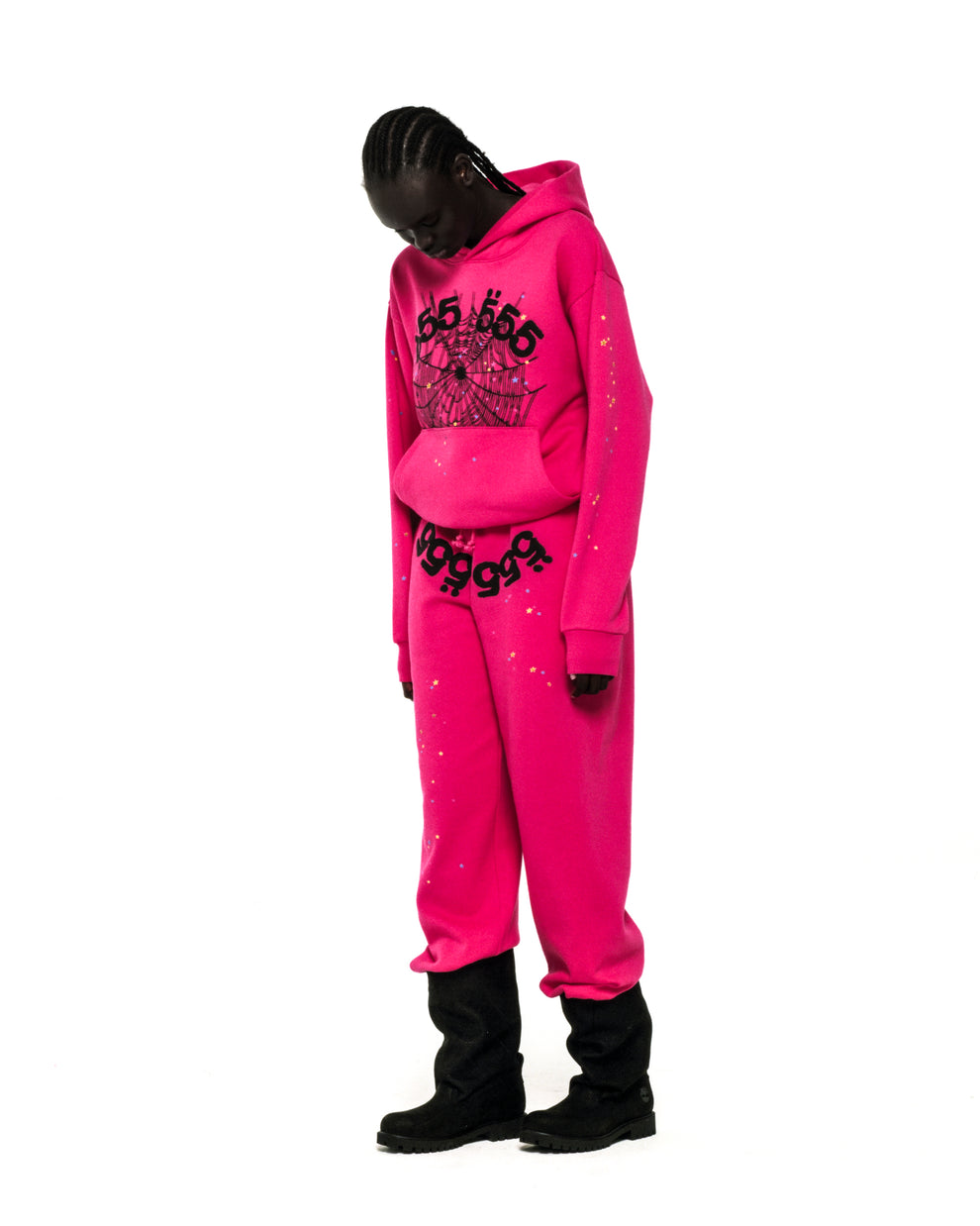 Pink 13oz cotton fleece hoodie and sweatpants with '555' angel numbers, web, and scattered star prints.