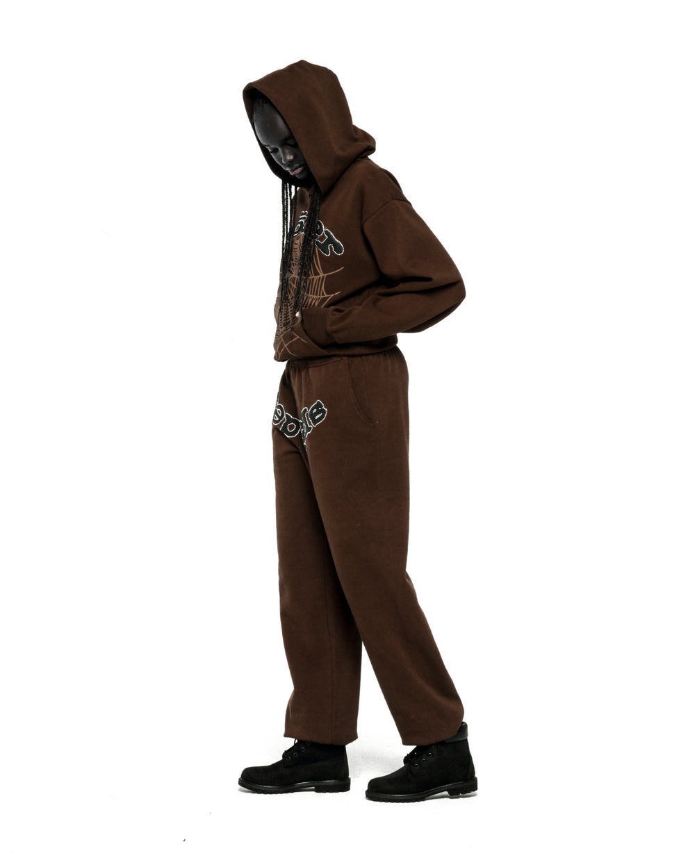 Brown RHINESTONE OG WEB HOODIE and sweatpants set with rhinestone web and text detail.