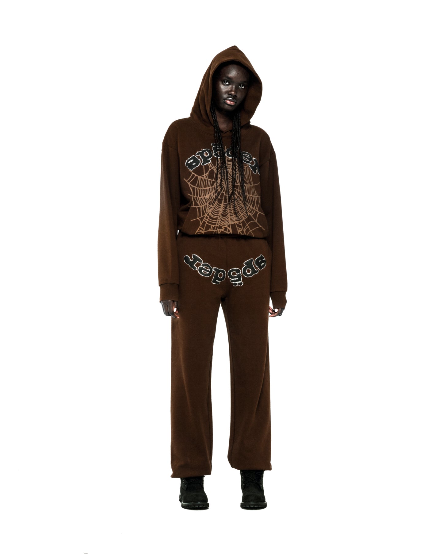 Brown cotton fleece hoodie and sweatpants set with rhinestone spider web and text.