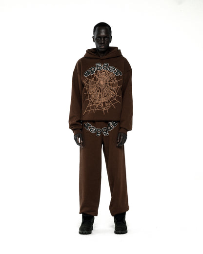 Brown cotton fleece hoodie and sweatpants with rhinestone web and text detail.