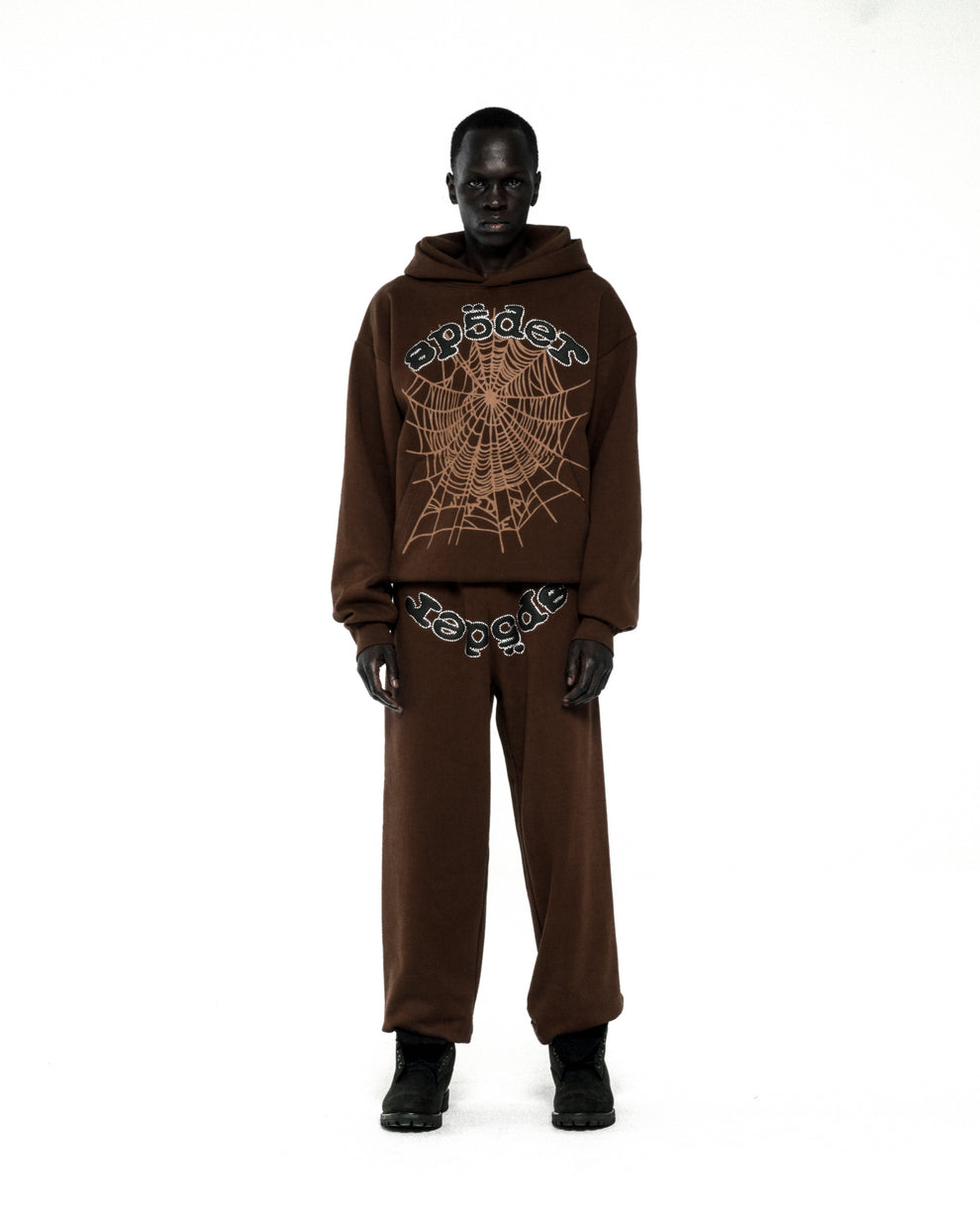 Brown cotton fleece hoodie and sweatpants with rhinestone web and text detail.