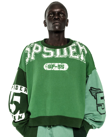 SUPERFIVE CREWNECK: Green color block 13oz cotton fleece with graphic print logos.