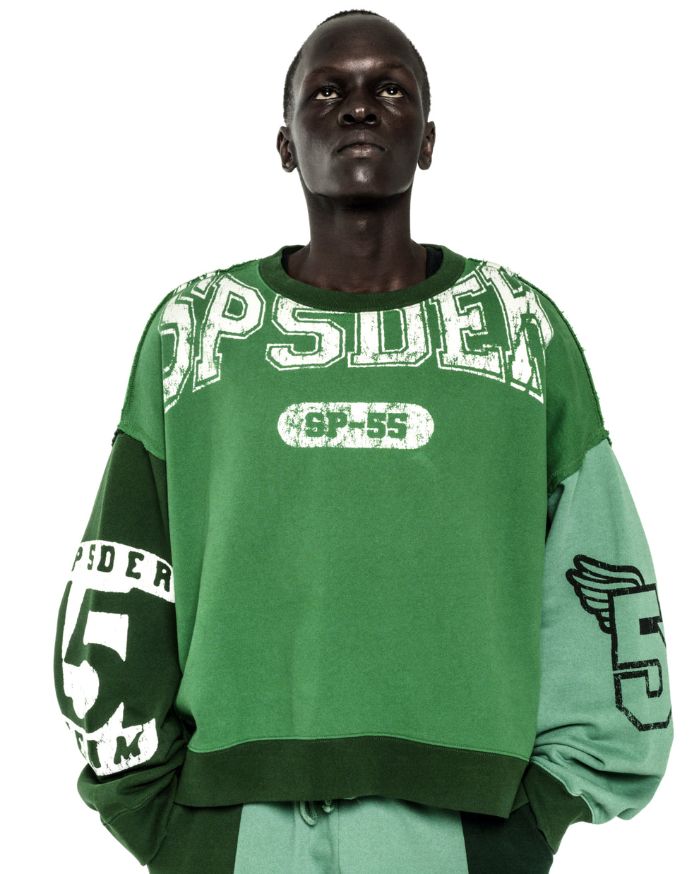 SUPERFIVE CREWNECK: Green color block 13oz cotton fleece with graphic print logos.