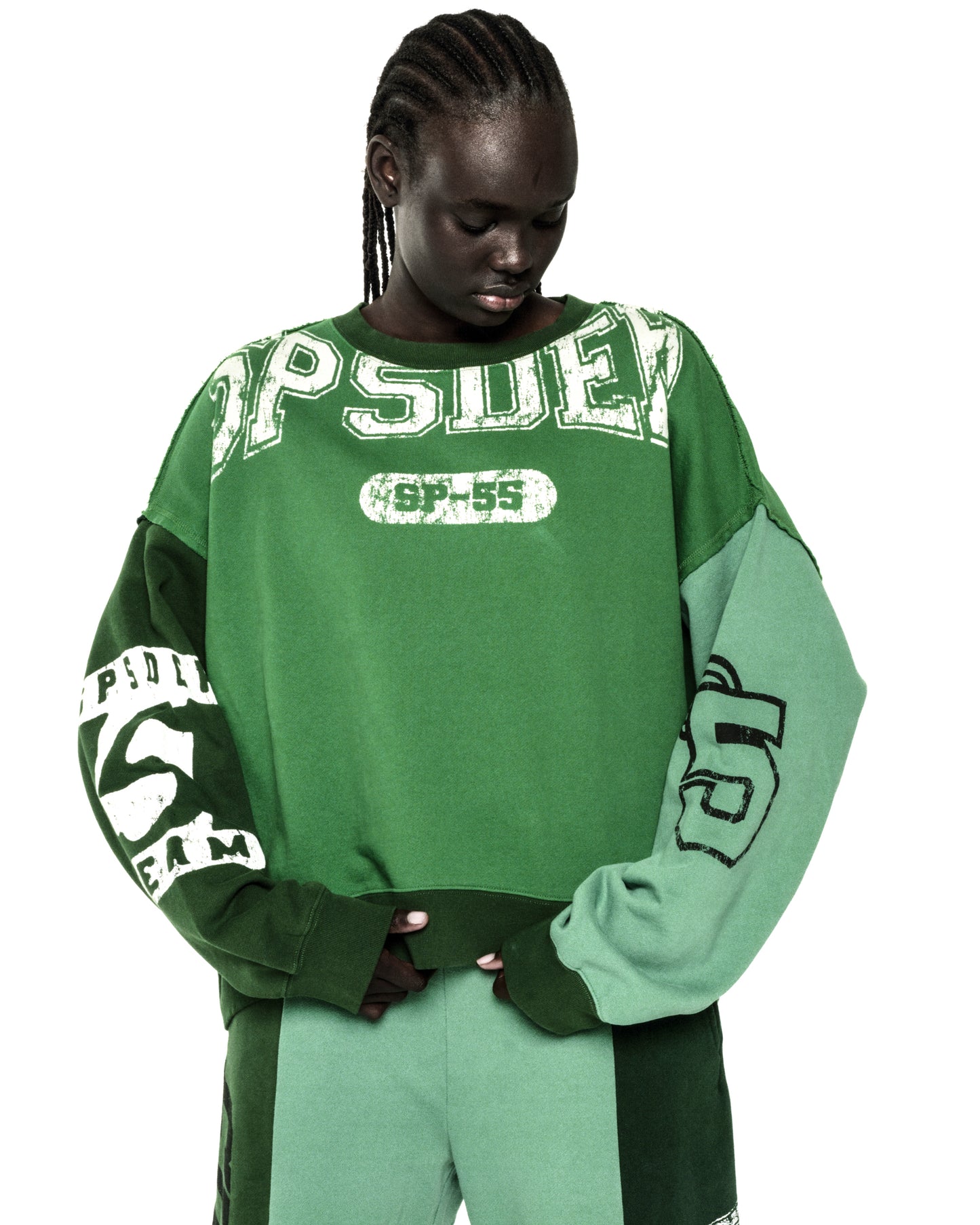 SUPERFIVE CREWNECK: Green color block 13oz cotton fleece with graphic logos on front, back, and sleeves.