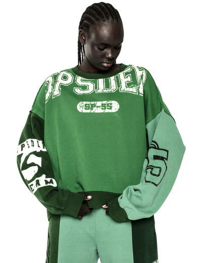 SUPERFIVE CREWNECK: Green color block 13oz cotton fleece with graphic logos on front, back, and sleeves.