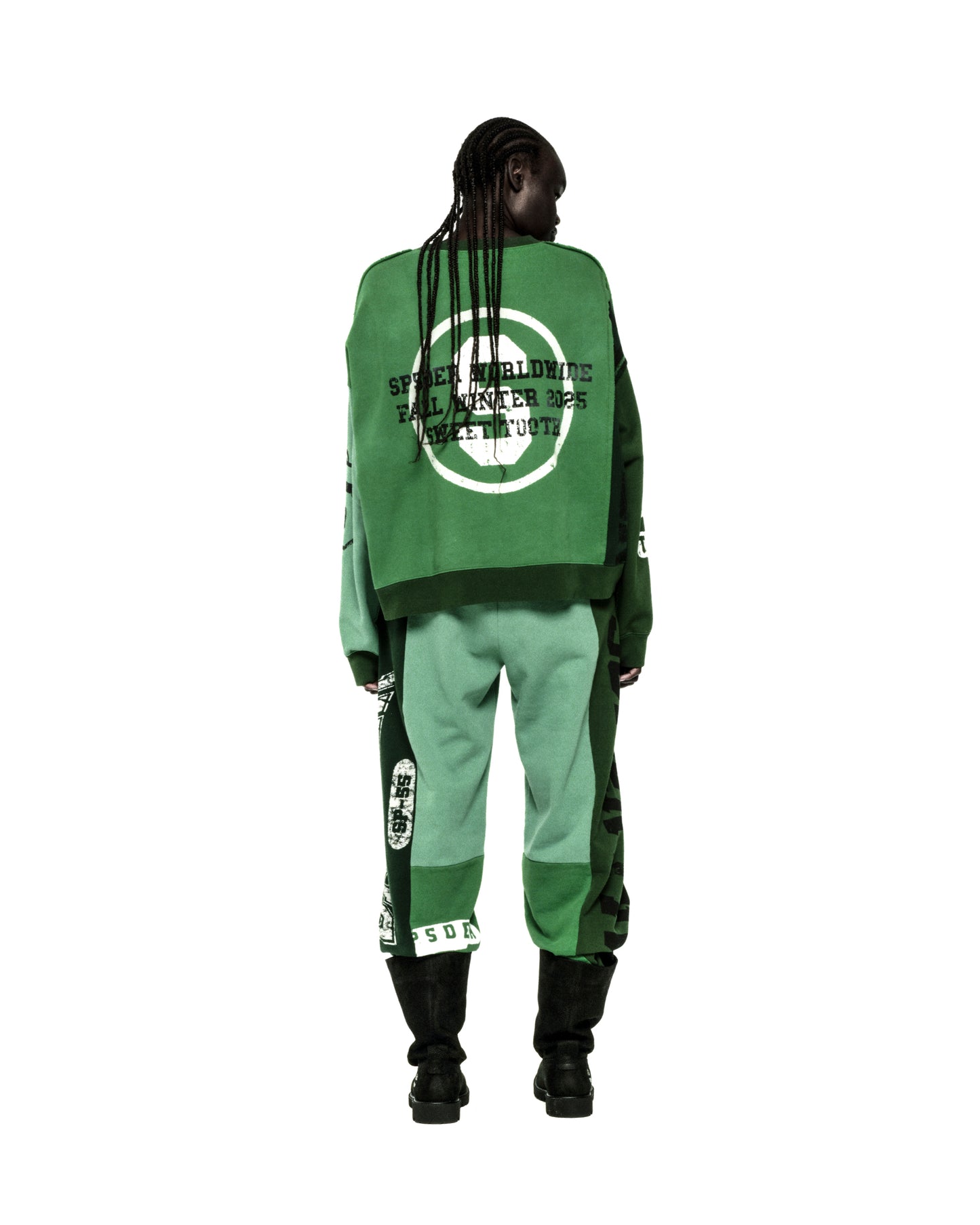 SUPERFIVE CREWNECK: Green color block 13oz cotton fleece crewneck and sweatpants with graphic print logos.