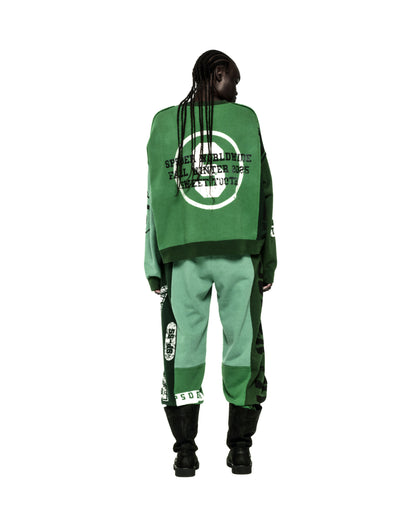 SUPERFIVE CREWNECK: Green color block 13oz cotton fleece crewneck and sweatpants with graphic print logos.